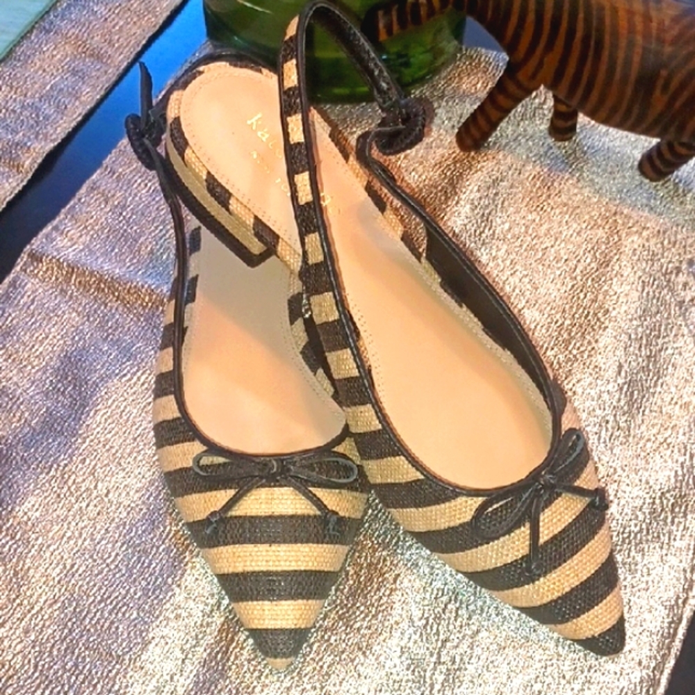 Kate Spade Beige and Black Striped Flats with Bow